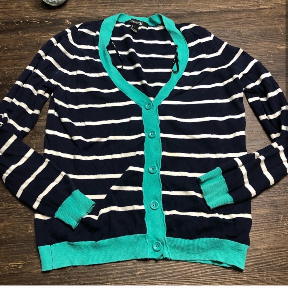 Forever 21 Navy & Teal Stripped Button Cardigan S